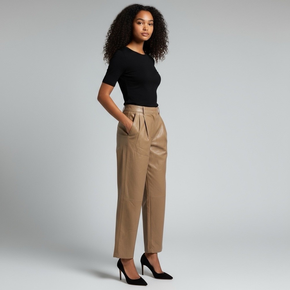 Babaton Aritzia Size 4 Faux Leather Command Straightβ Leg Pants Camel High Rise